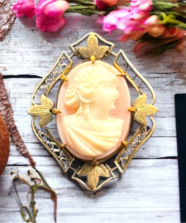 Antique 1920s gold brassy finish cameo brooch Resin