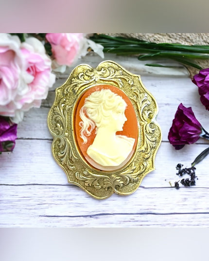 Vintage Ornate gold finish Resin CAMEO brooch