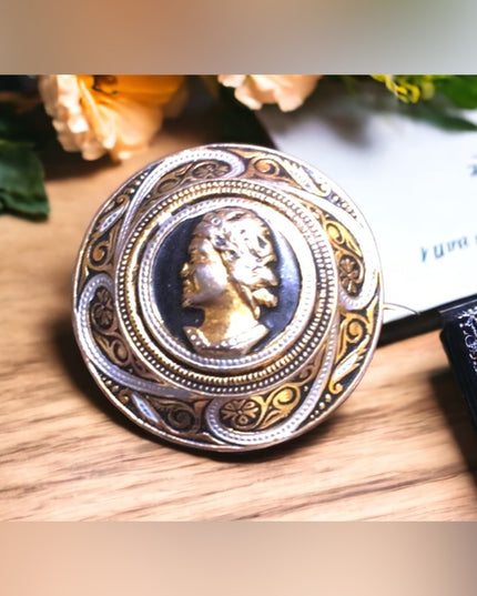 Vintage Damascene Spain Cameo gold plated black enameled ornate brooch 1930s