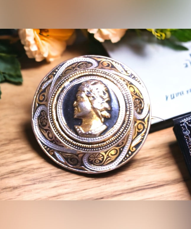 Vintage Damascene Spain Cameo gold plated black enameled ornate brooch 1930s