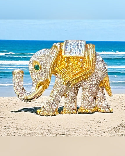 Gold & Silver metal rhinestone crystal encrusted Elephant brooch