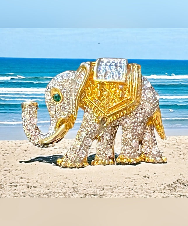 Gold & Silver metal rhinestone crystal encrusted Elephant brooch