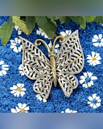 Vintage silver & gold finish large butterfly brooch