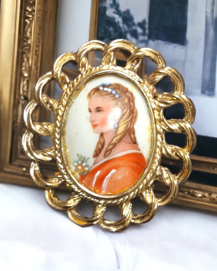 Vintage Limoges France large ceramic cameo brooch