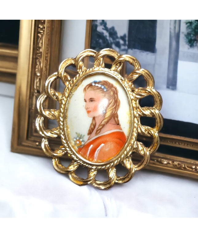 Vintage Limoges France large ceramic cameo brooch