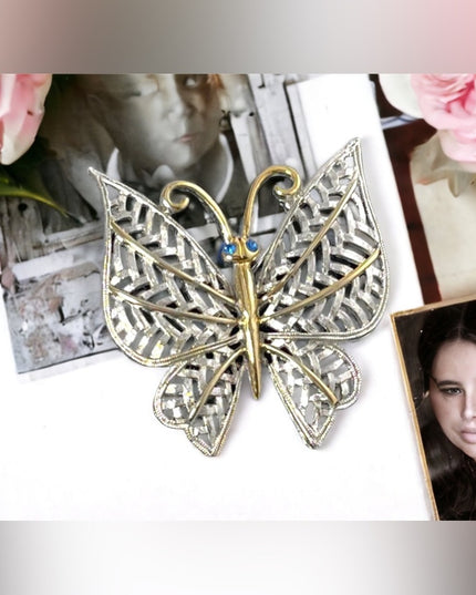 Vintage silver & gold finish large butterfly brooch