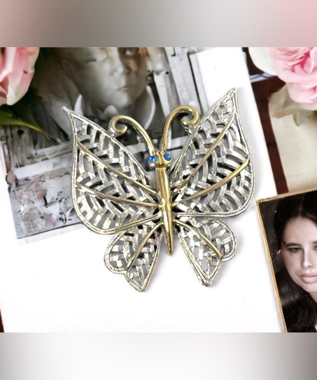 Vintage silver & gold finish large butterfly brooch