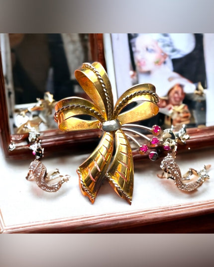 Stunning 750 18k Yellow Solid Gold Ruby Victorian Bow Brooch pendant Antique