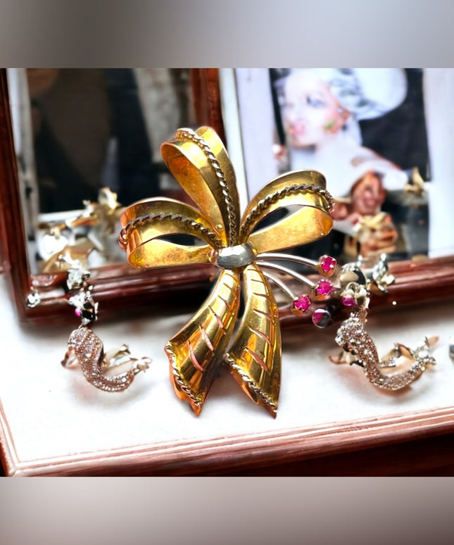 Stunning 750 18k Yellow Solid Gold Ruby Victorian Bow Brooch pendant Antique