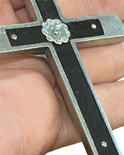 Antique Wood & brushed Aluminum hand forged Irish Large crucifix Cross pendant