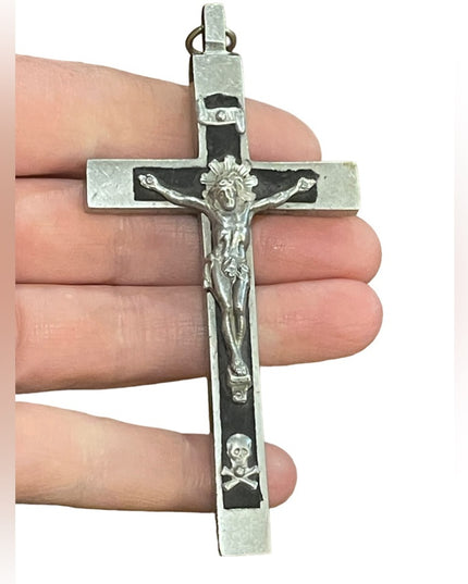 Antique Wood & brushed Aluminum hand forged Irish Large crucifix Cross pendant