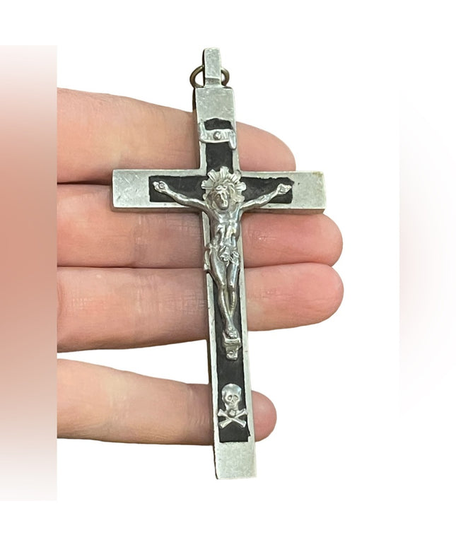 Antique Wood & brushed Aluminum hand forged Irish Large crucifix Cross pendant