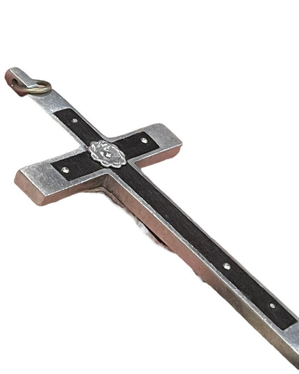 Antique Wood & brushed Aluminum hand forged Irish Large crucifix Cross pendant
