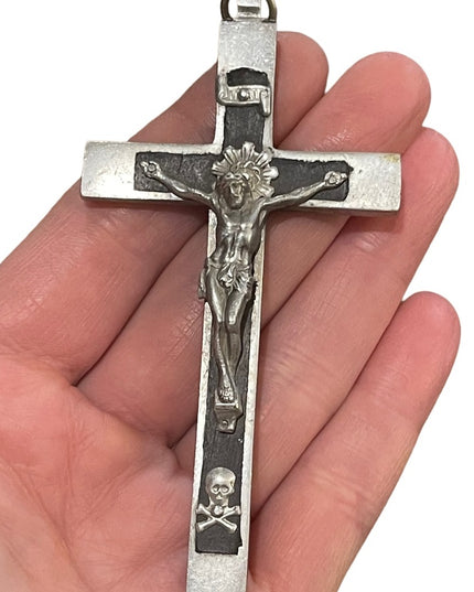 Antique Wood & brushed Aluminum hand forged Irish Large crucifix Cross pendant