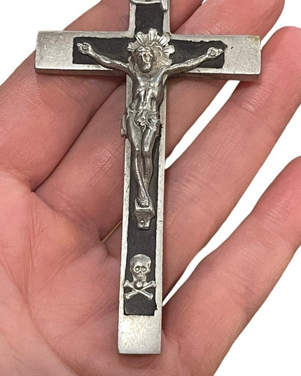 Antique Wood & brushed Aluminum hand forged Irish Large crucifix Cross pendant