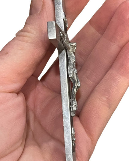 Antique Wood & brushed Aluminum hand forged Irish Large crucifix Cross pendant