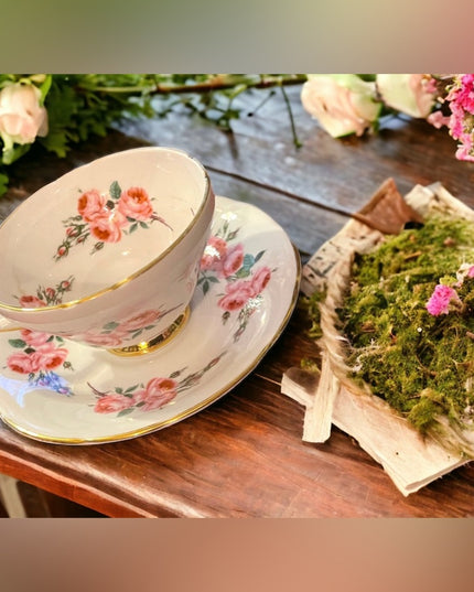 Sutherland England Tea Cup Saucer pastel pink floral flowers Fine Bone China
