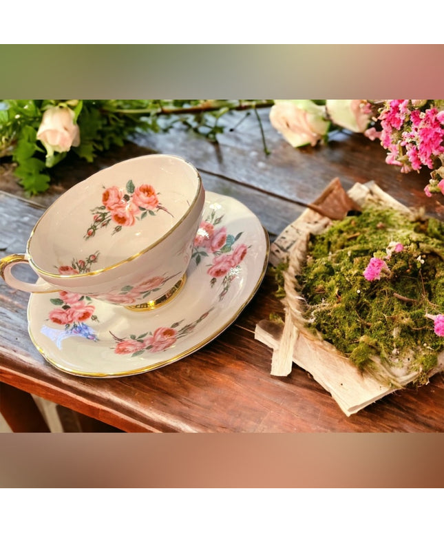 Sutherland England Tea Cup Saucer pastel pink floral flowers Fine Bone China