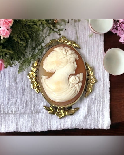 Vintage 1930s 14k Gold Filled BIRKS Shell Cameo pendant brooch