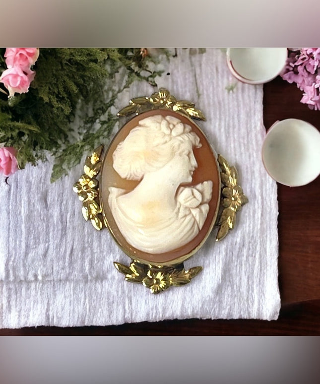 Vintage 1930s 14k Gold Filled BIRKS Shell Cameo pendant brooch