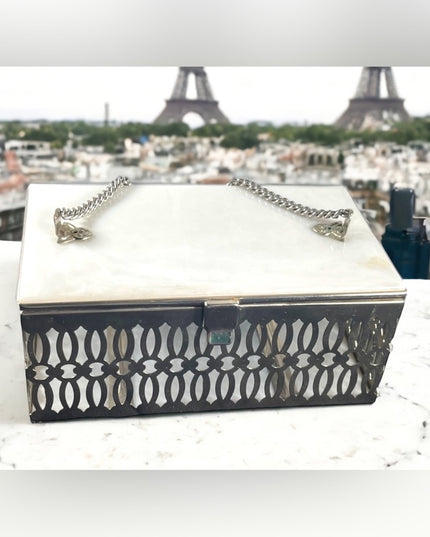 Vintage 1950s Lucite silver metal box purse bird cage ornate design
