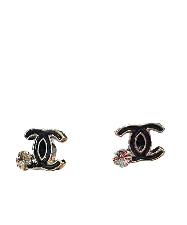 Chanel Authentic Earrings D13 Made in France CC logo Black enamel