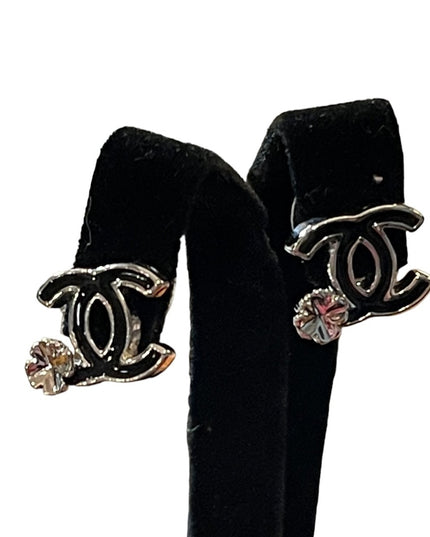 Chanel Authentic Earrings D13 Made in France CC logo Black enamel