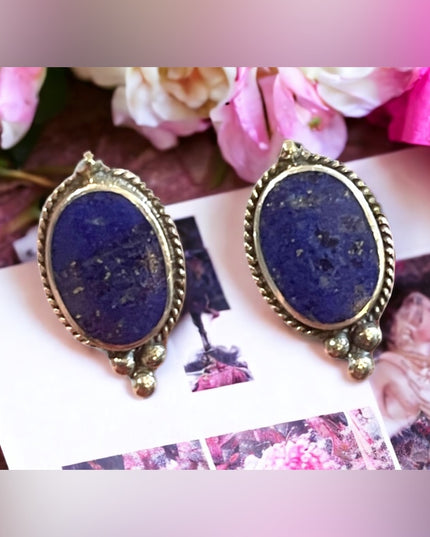 Sterling Silver ROMA 925 Lapis Lazuli Oval Bali design earrings