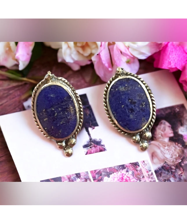 Sterling Silver ROMA 925 Lapis Lazuli Oval Bali design earrings