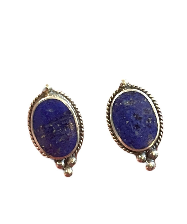 Sterling Silver ROMA 925 Lapis Lazuli Oval Bali design earrings