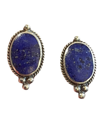 Sterling Silver ROMA 925 Lapis Lazuli Oval Bali design earrings