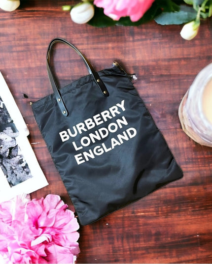 BURBERRY Nylon London England Print Logo Flat Tote Bag Black Authentic shopper