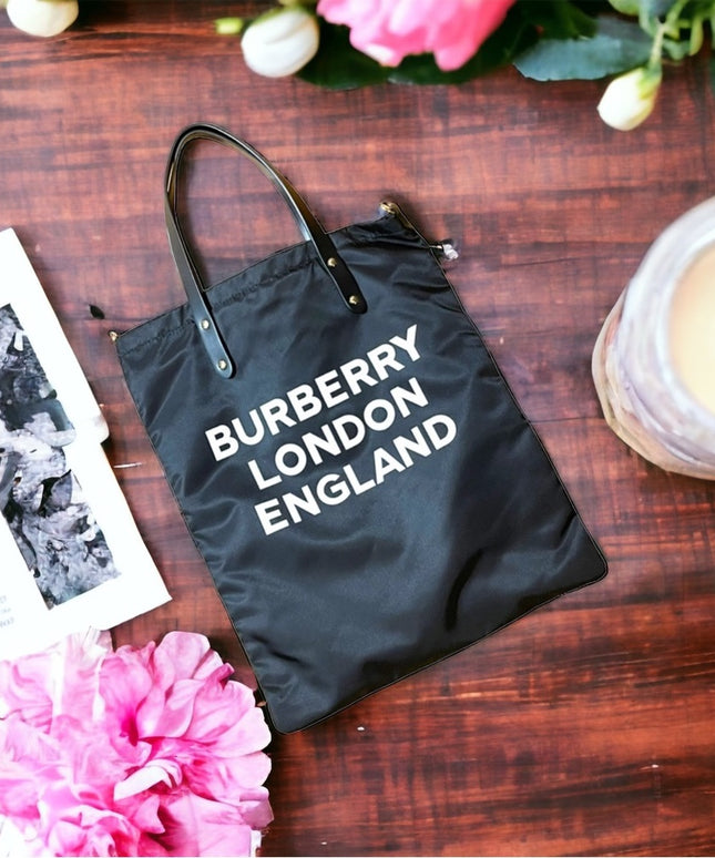 BURBERRY Nylon London England Print Logo Flat Tote Bag Black Authentic shopper