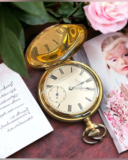 Antique 14k Gold filled REGINA by Omega Hunter pocket watch etched case