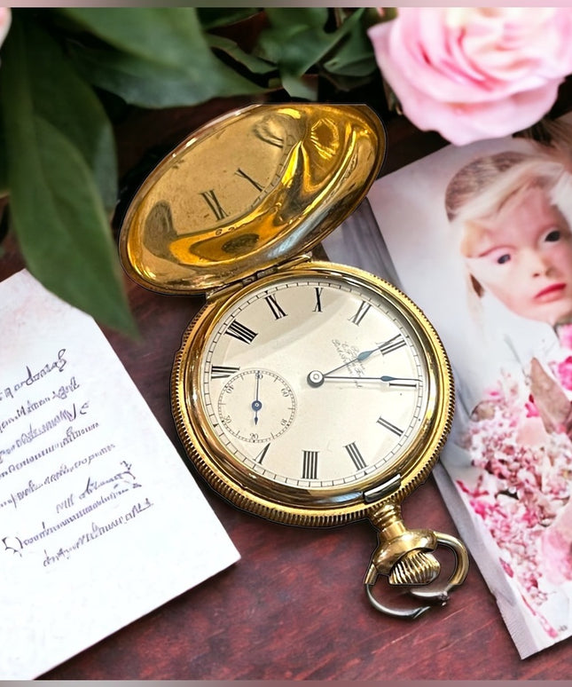 Antique 14k Gold filled REGINA by Omega Hunter pocket watch etched case