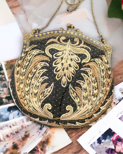 Antique Victorian Handmade Ornate cloissone enameled feather needlework purse