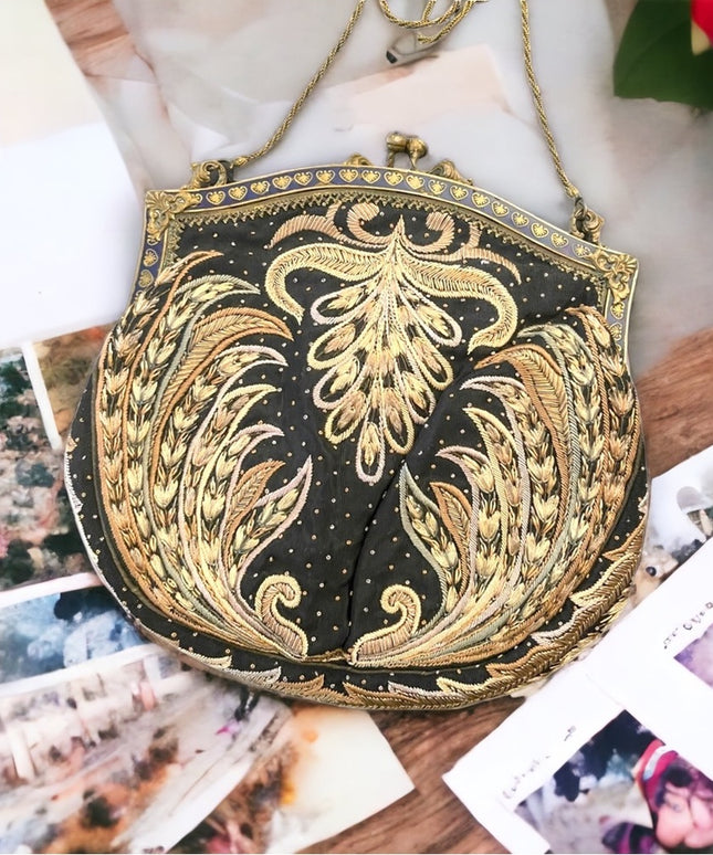 Antique Victorian Handmade Ornate cloissone enameled feather needlework purse