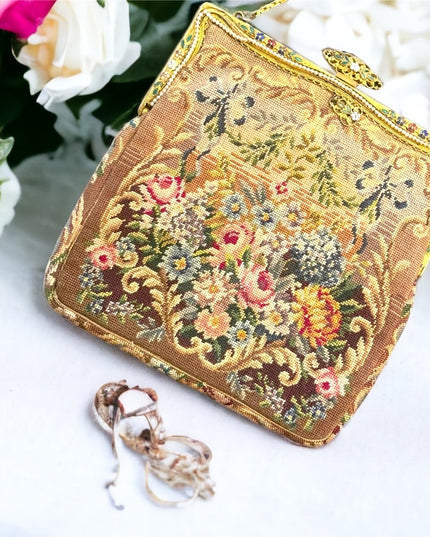 Antique Victorian Ornate cloissone enameled ornate flowers petite point purse