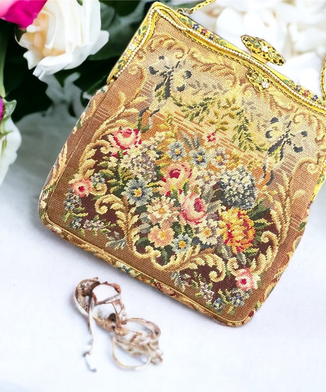 Antique Victorian Ornate cloissone enameled ornate flowers petite point purse