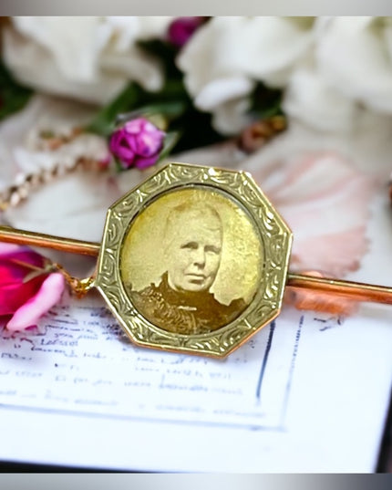 Antique Victorian 19k Solid Rose Gold Bar brooch w photo locket 1800s European
