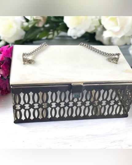 Vintage 1950s Lucite silver metal box purse bird cage ornate design