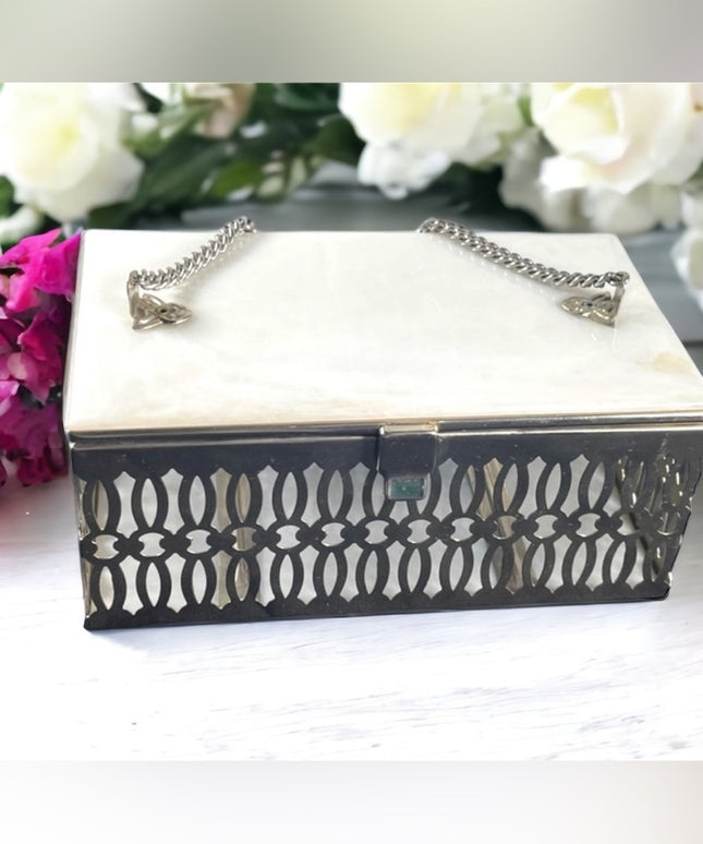 Vintage 1950s Lucite silver metal box purse bird cage ornate design