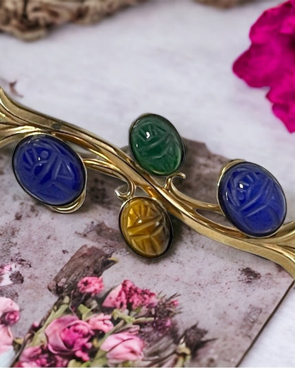 12k GF gold filled vintage scarab egyptian revival stone branch bar brooch