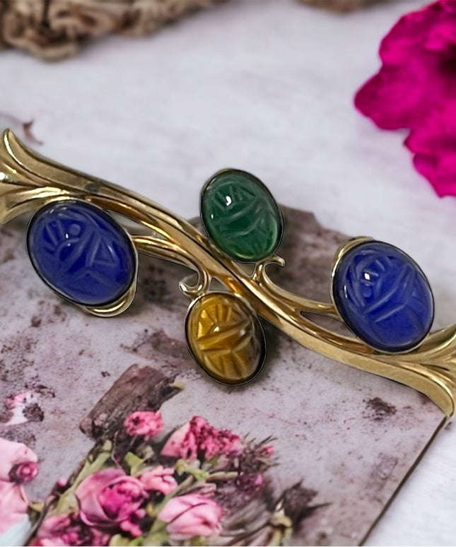 12k GF gold filled vintage scarab egyptian revival stone branch bar brooch