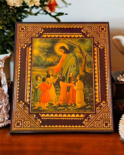 Vintage 1970s Jesus Children Learn what they live print on wood picture hanging