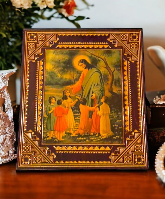 Vintage 1970s Jesus Children Learn what they live print on wood picture hanging