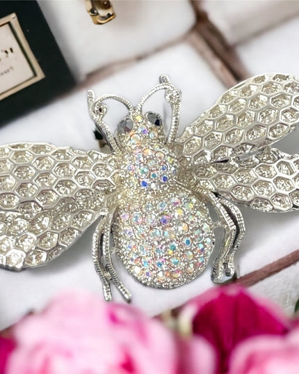 Large 2.5” Silver crystal BUMBLE BEE Brooch