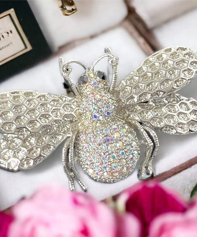 Large 2.5” Silver crystal BUMBLE BEE Brooch