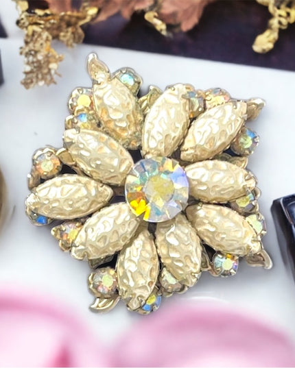Vintage 1960s AB Crystal Faux pearl large flower fancy brooch