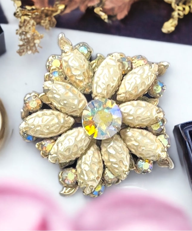 Vintage 1960s AB Crystal Faux pearl large flower fancy brooch